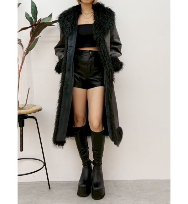 EVRIS「フェイクファームートンロングコート」|その他|ブラック