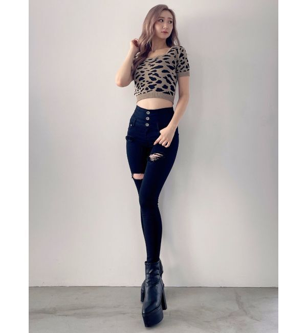 GYDA「2WAYレオパードハーフスリーブニットトップス」|ニット・セーター|