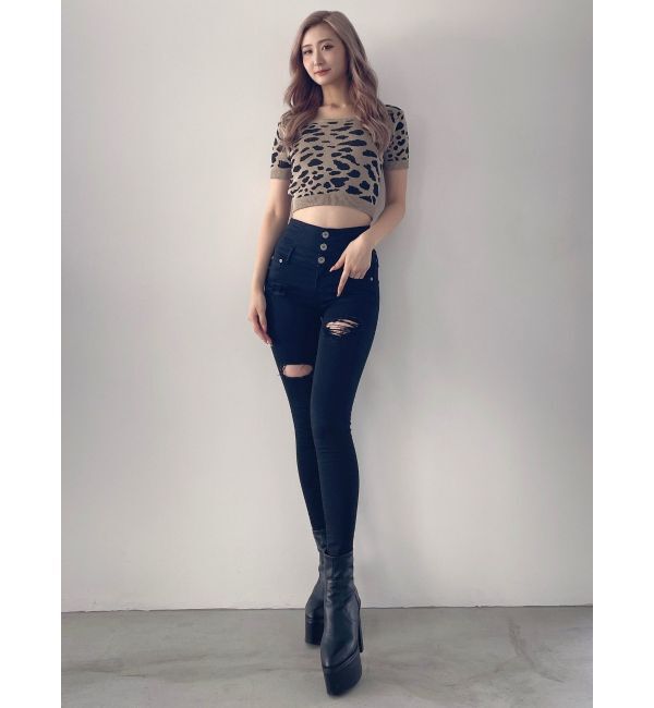 GYDA「2WAYレオパードハーフスリーブニットトップス」|ニット・セーター|