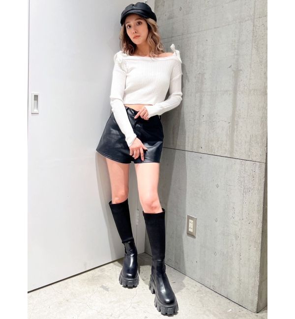 GYDA「ベロアリボンオフショルニットトップス」|ニット・セーター|