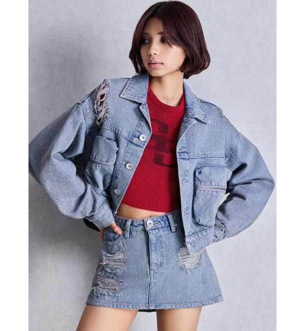 GYDA「ZIP POCKETダメージショートデニムGジャン」|ブルゾン・スタジャン|