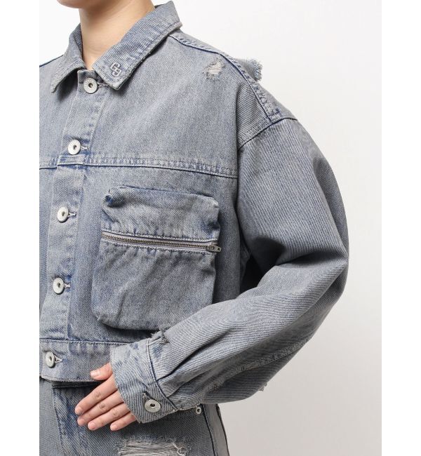 GYDA「ZIP POCKETダメージショートデニムGジャン」|ブルゾン・スタジャン|