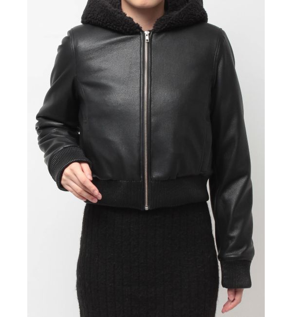 GYDA「Hoodie Fake Leatherコート」|ブルゾン・スタジャン|ブラック