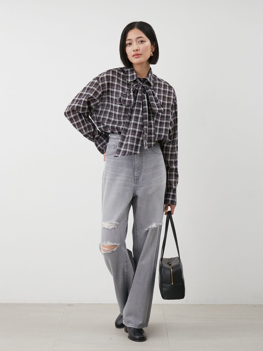 Mila Owen「ダメージ加工ルーズストレートデニムパンツ」|デニム|