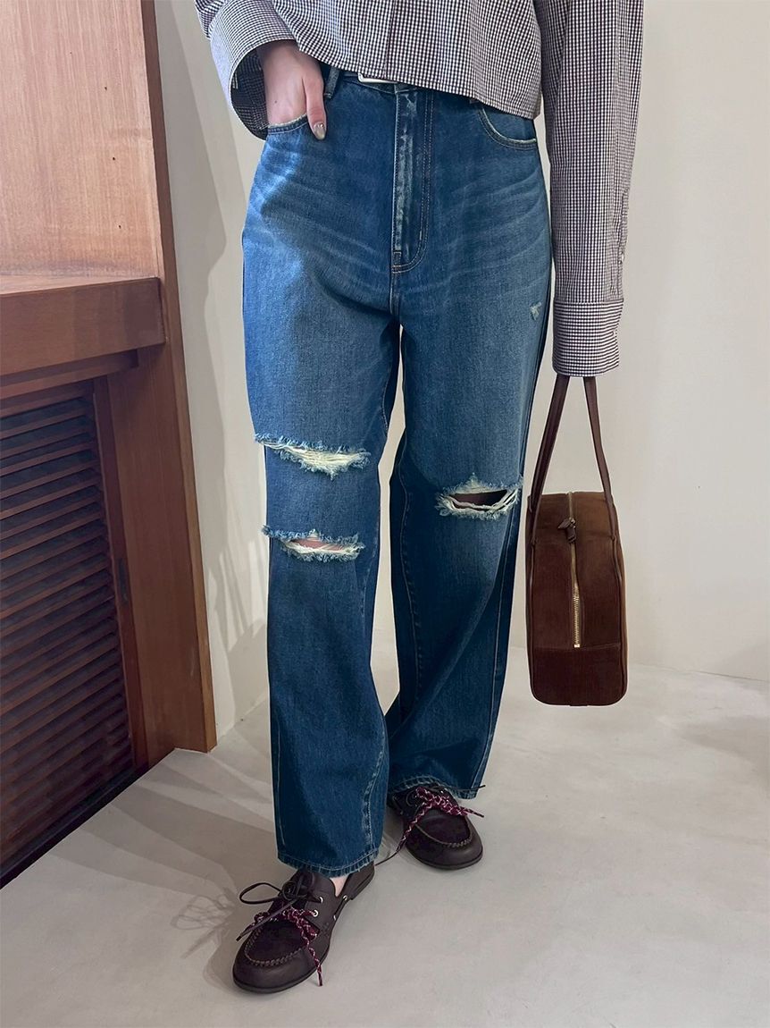 Mila Owen「ダメージ加工ルーズストレートデニムパンツ」|デニム|BLU