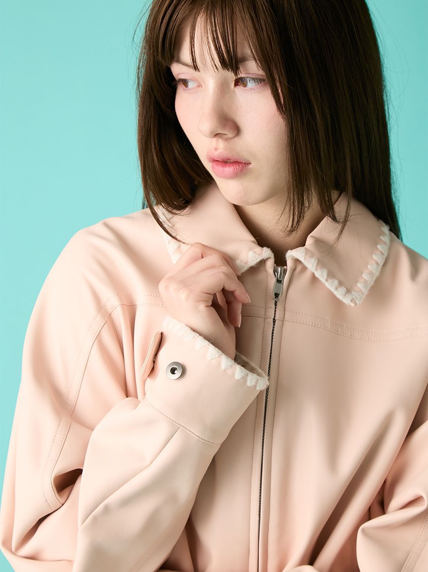 FURFUR「トリミング刺繍レザーライクブルゾン」|ブルゾン・スタジャン|