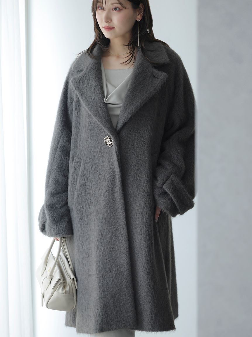 SNIDEL「ブローチ付きシャギーロングコート」|チェスターコート|