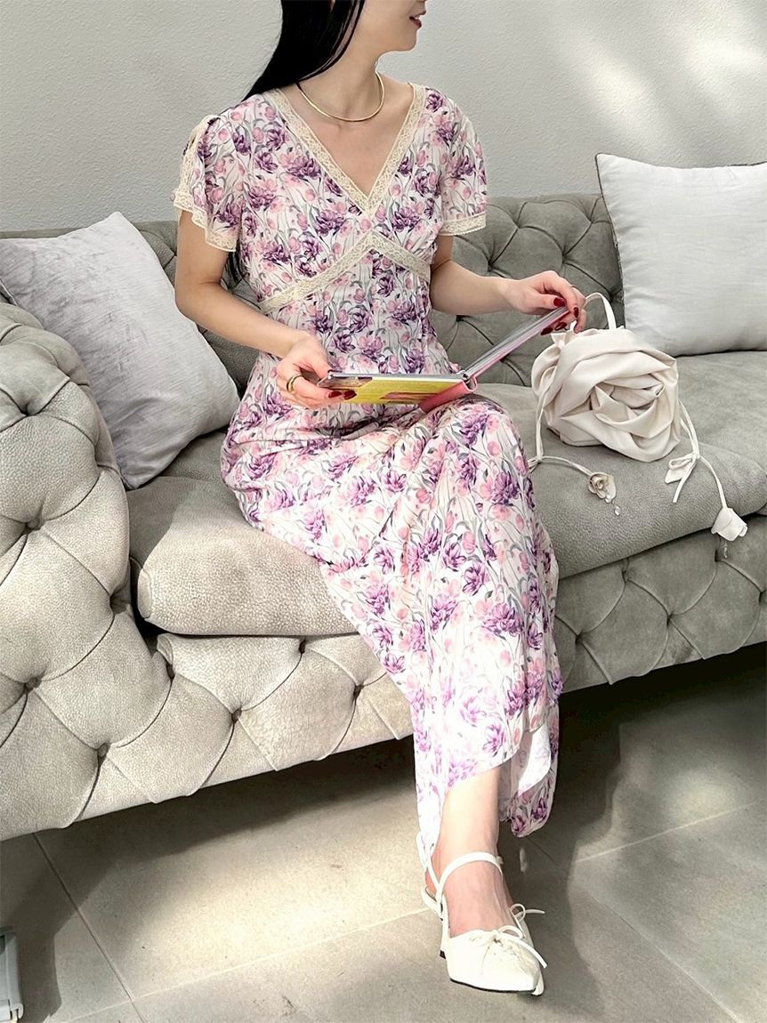 LILY BROWN「ロマンティックレーストリムプリントワンピース」|ワンピース|