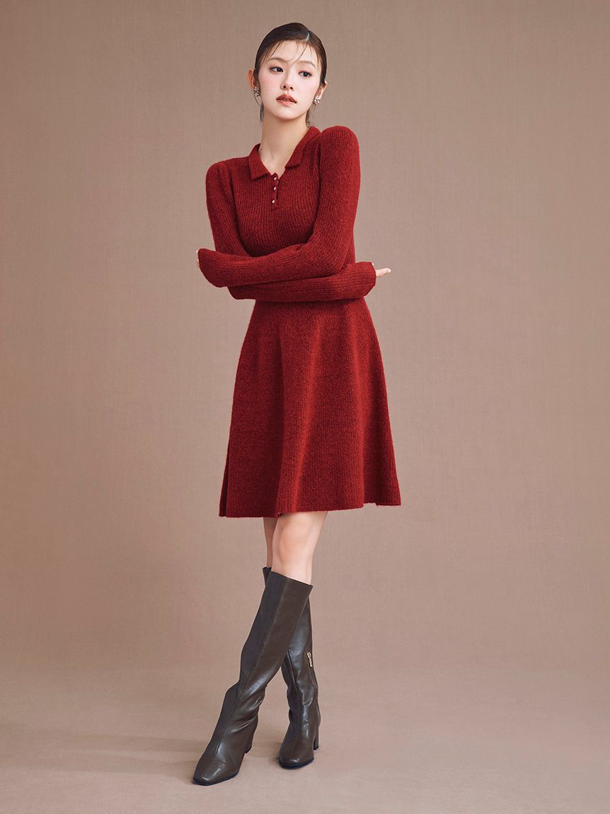 CELFORD「襟付きミニニットワンピース」|ワンピース|RED