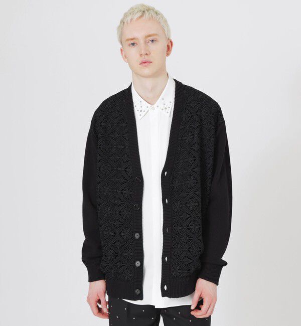  「シルエットレースコンビカーディガン」|ニット・セーター|ブラック