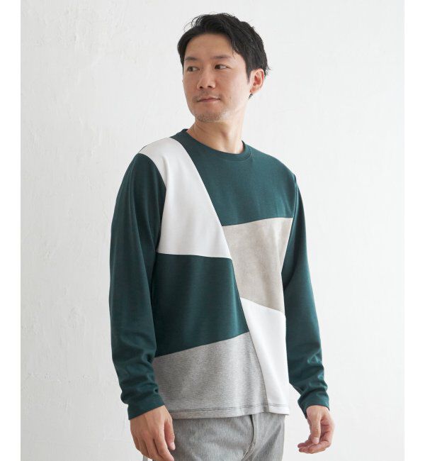 ikka「ブロックススエード切り替えロンT」|Tシャツ・カットソー|グリーン