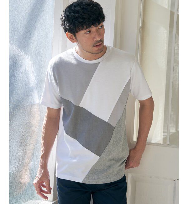 ikka「【親子おそろい】ブロックスポンチ斜め切り替えTシャツ」|Tシャツ・カットソー|