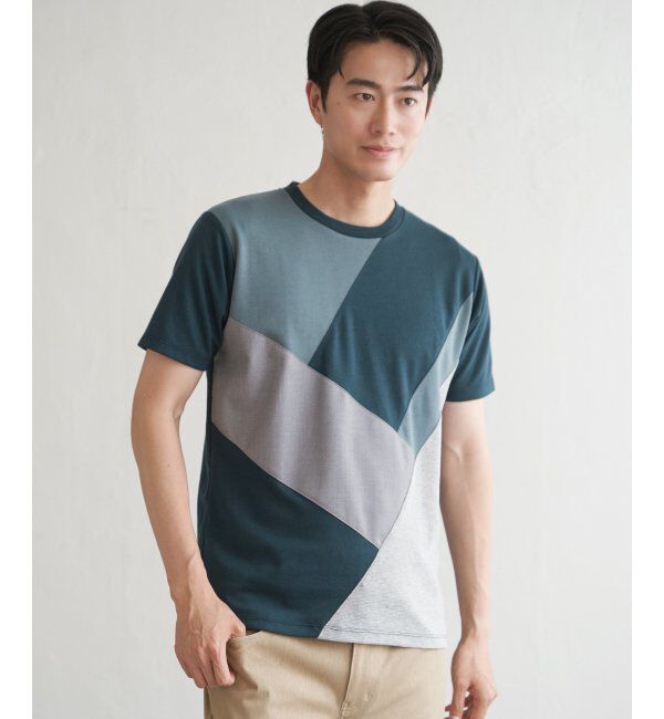 ikka「【親子おそろい】ブロックスポンチ斜め切り替えTシャツ」|Tシャツ・カットソー|グリーン