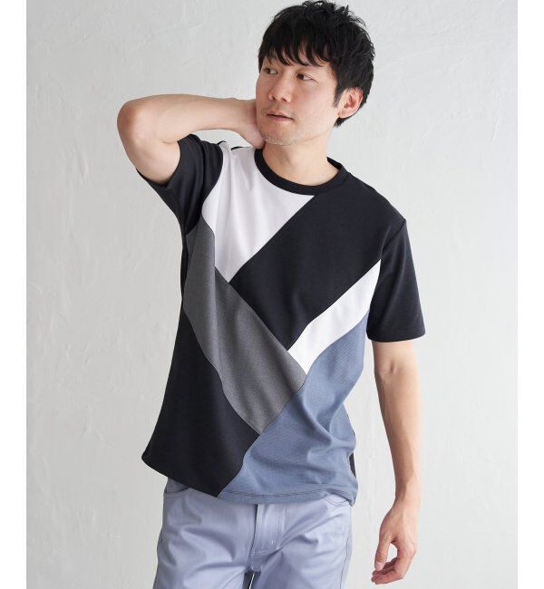 ikka「【親子おそろい】ブロックスポンチ斜め切り替えTシャツ」|Tシャツ・カットソー|ネイビーブルー