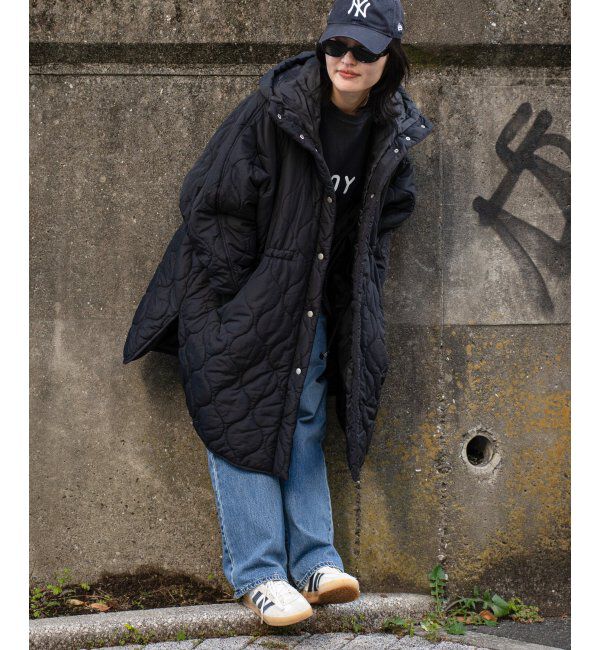 VENCE share style「中綿キルトフード付きコート」|その他|ブラック