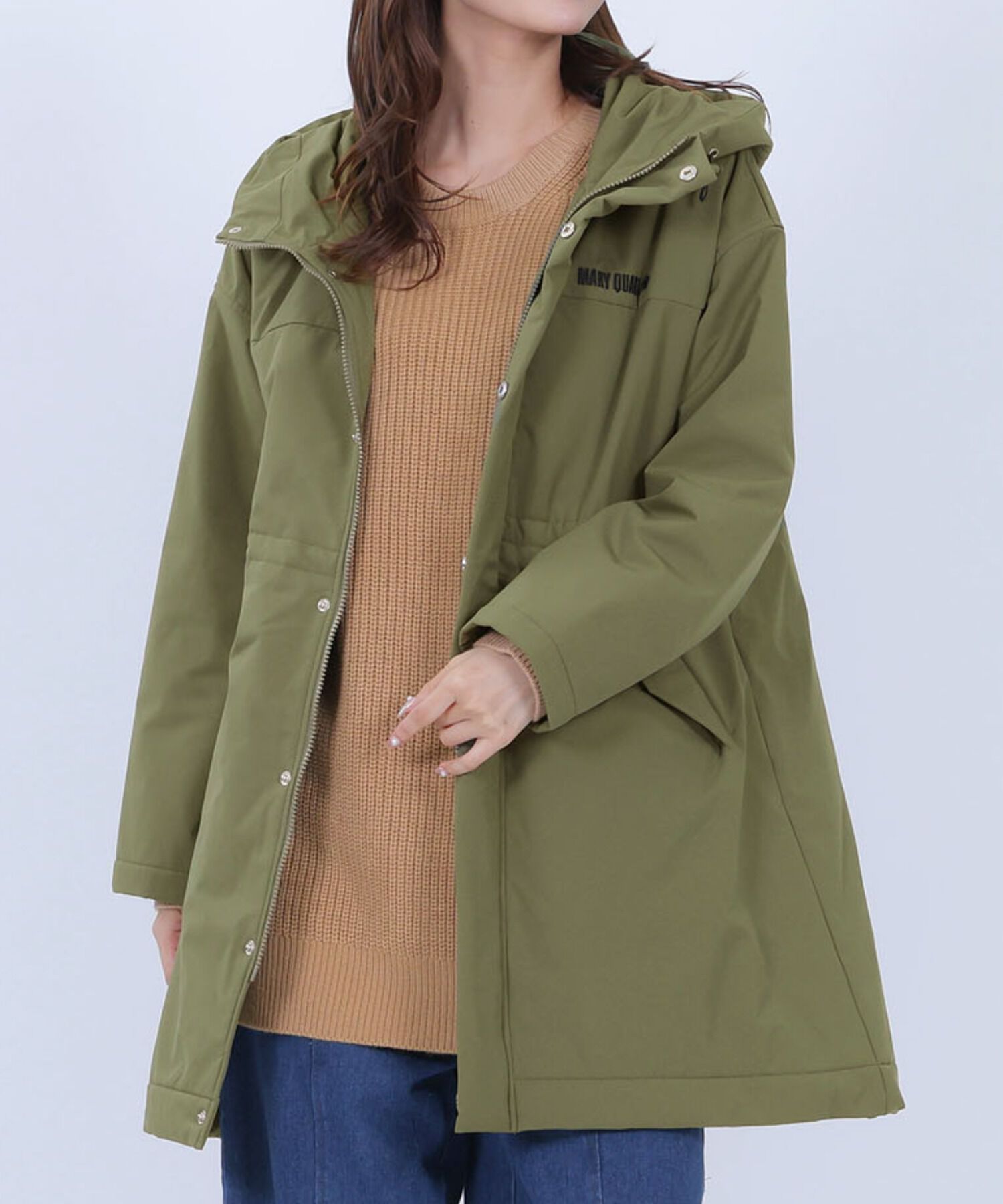 MARY QUANT「ロゴパデッド ロングコート」|ピーコート|カーキ