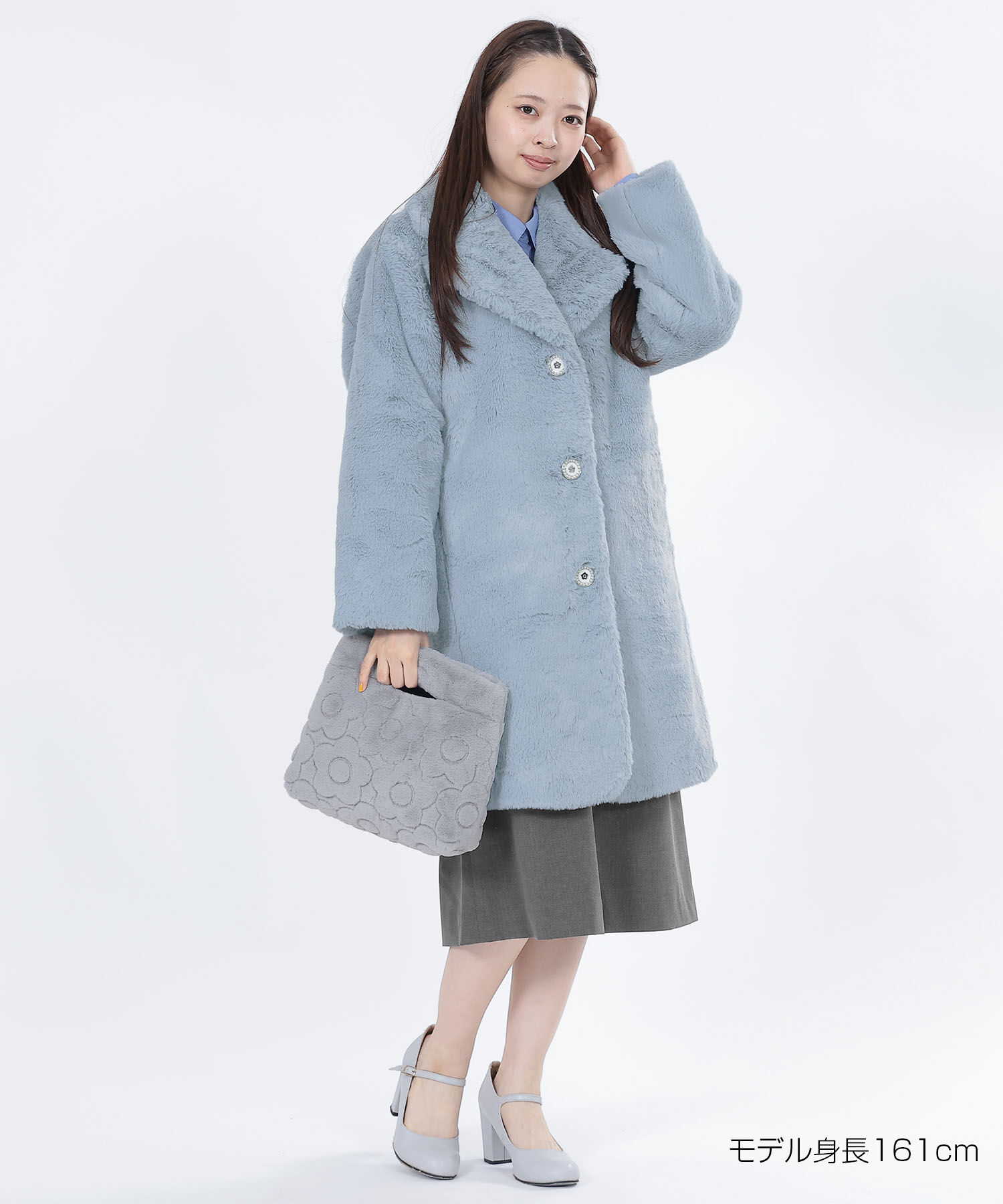 MARY QUANT「デイジーパールボタンファー ロングコート」|トレンチコート|ブルー