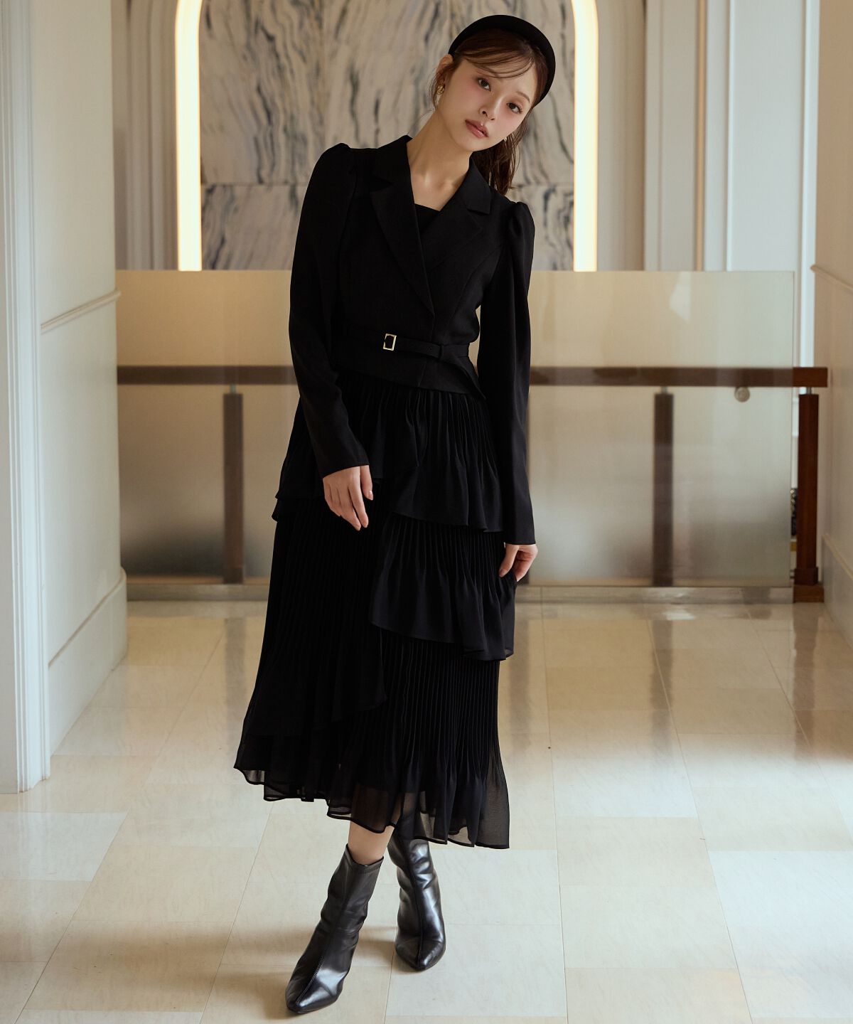 アンドクチュール「ジャケットレイヤードプリーツワンピース」|ワンピース|