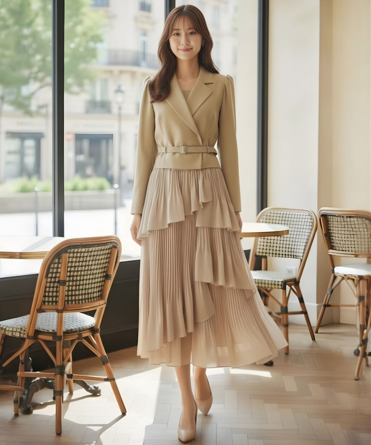 アンドクチュール「ジャケットレイヤードプリーツワンピース」|ワンピース|