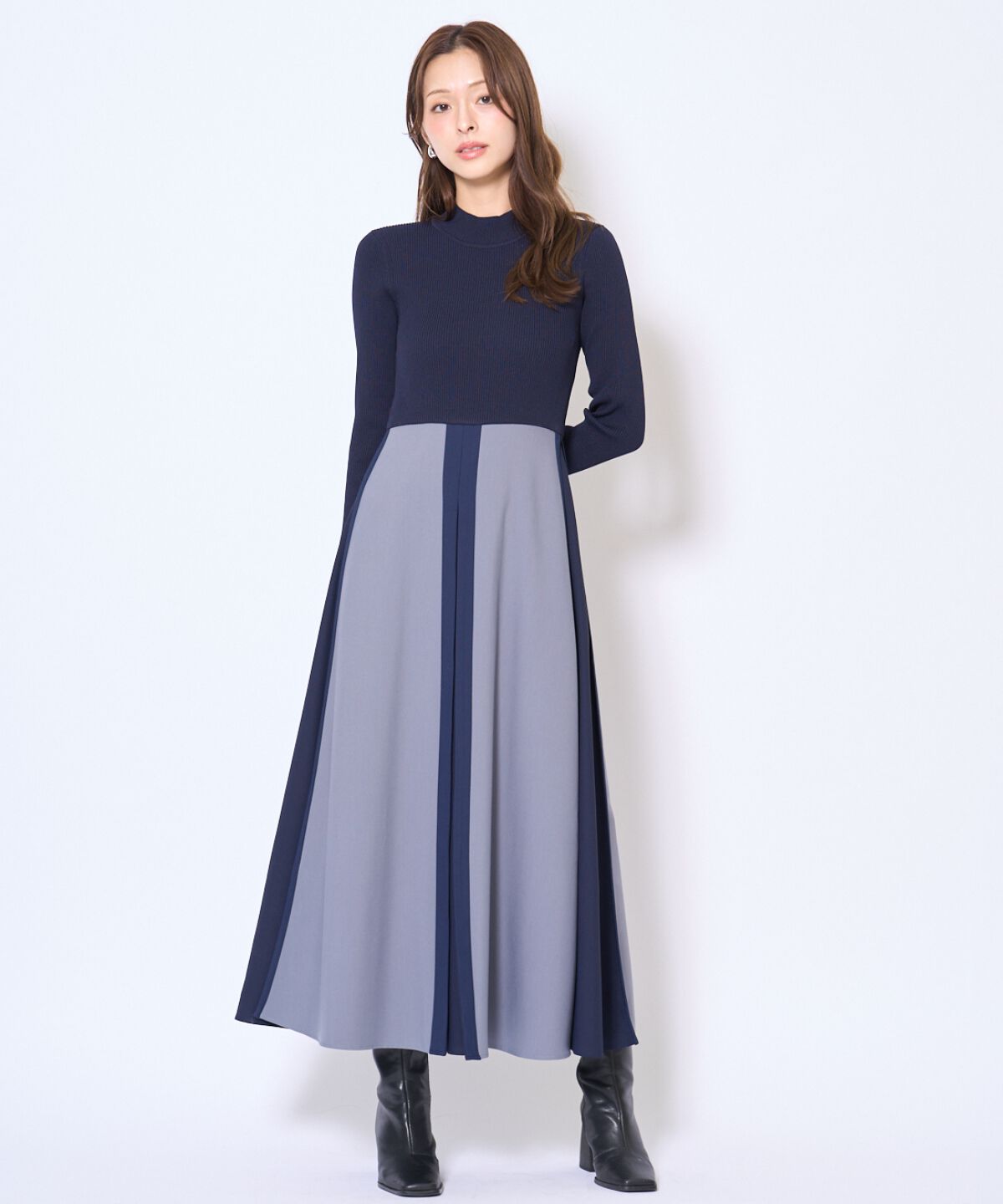 アンドクチュール「配色ドッキングワンピース」|ワンピース|ネイビー