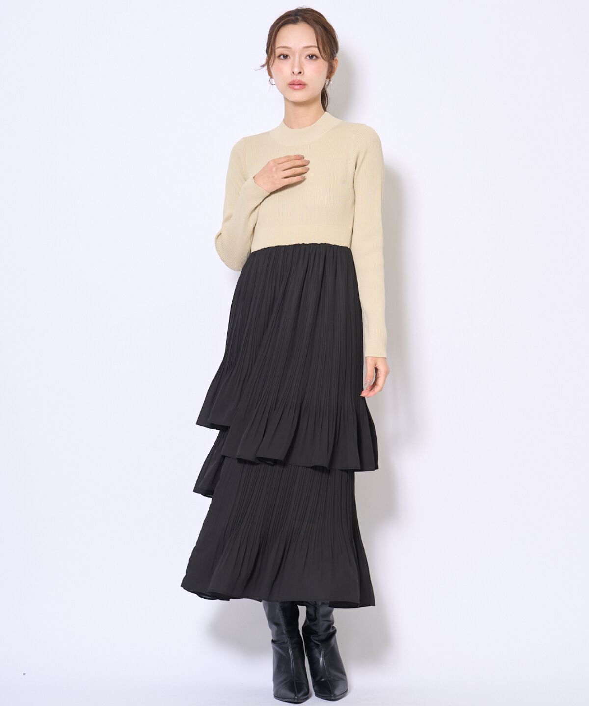 アンドクチュール「消しプリーツドッキングワンピース」|ワンピース|