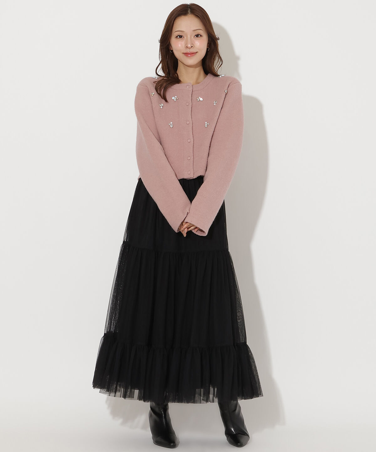 アンドクチュール「チュールティアードギャザースカート」|フレア|ブラック