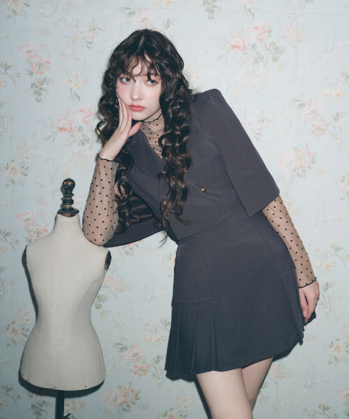 REDYAZEL「サイドプリーツミニスカート」|フレア|グレー