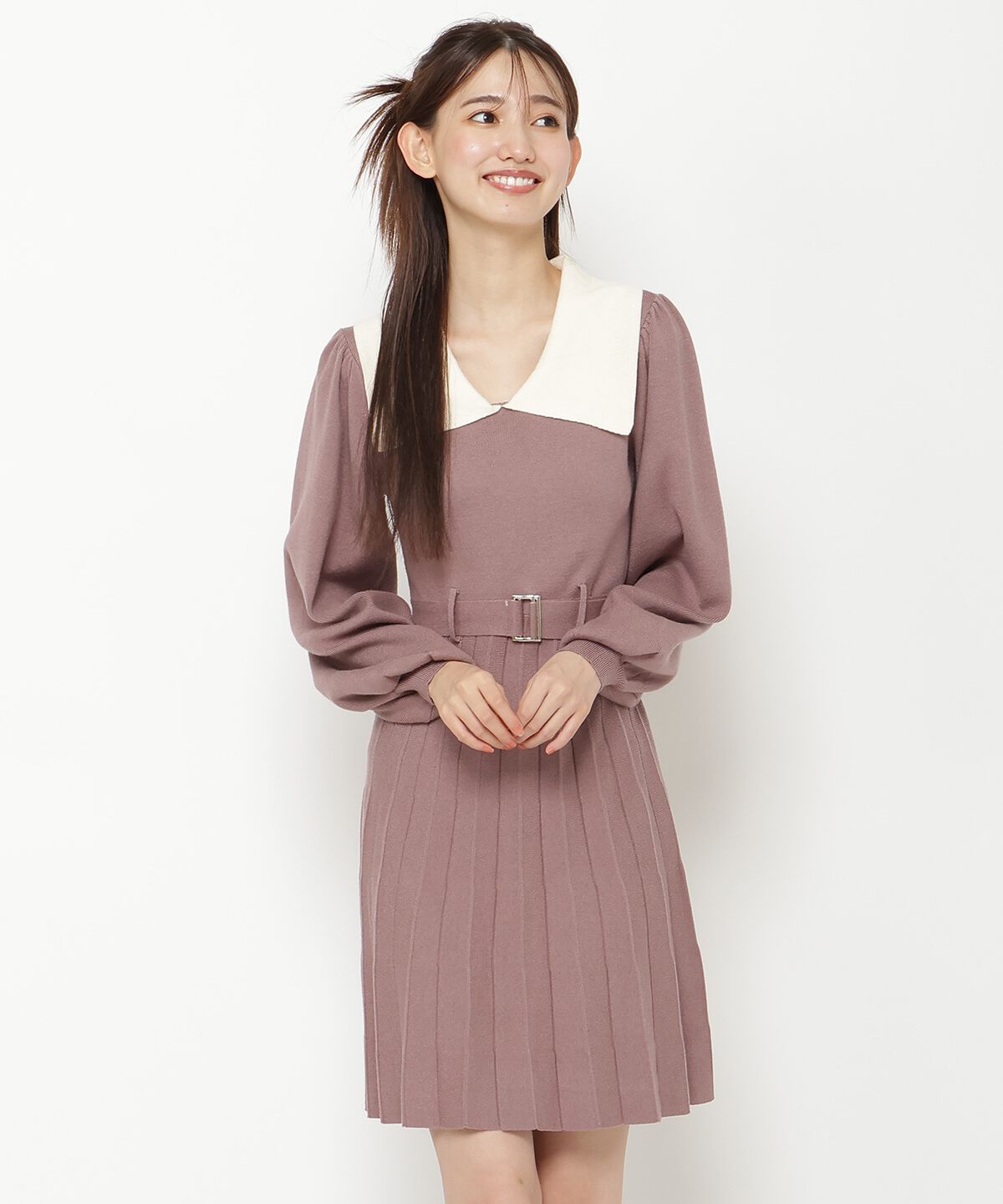 REDYAZEL「ホワイトカラーニットワンピース」|ワンピース|ピンク