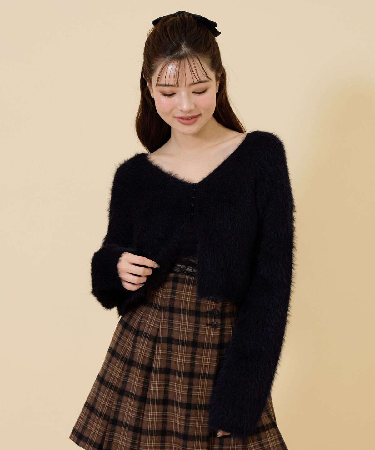 REDYAZEL「ミニパールボタンシャギーカーディガン」|カーディガン|ブラック