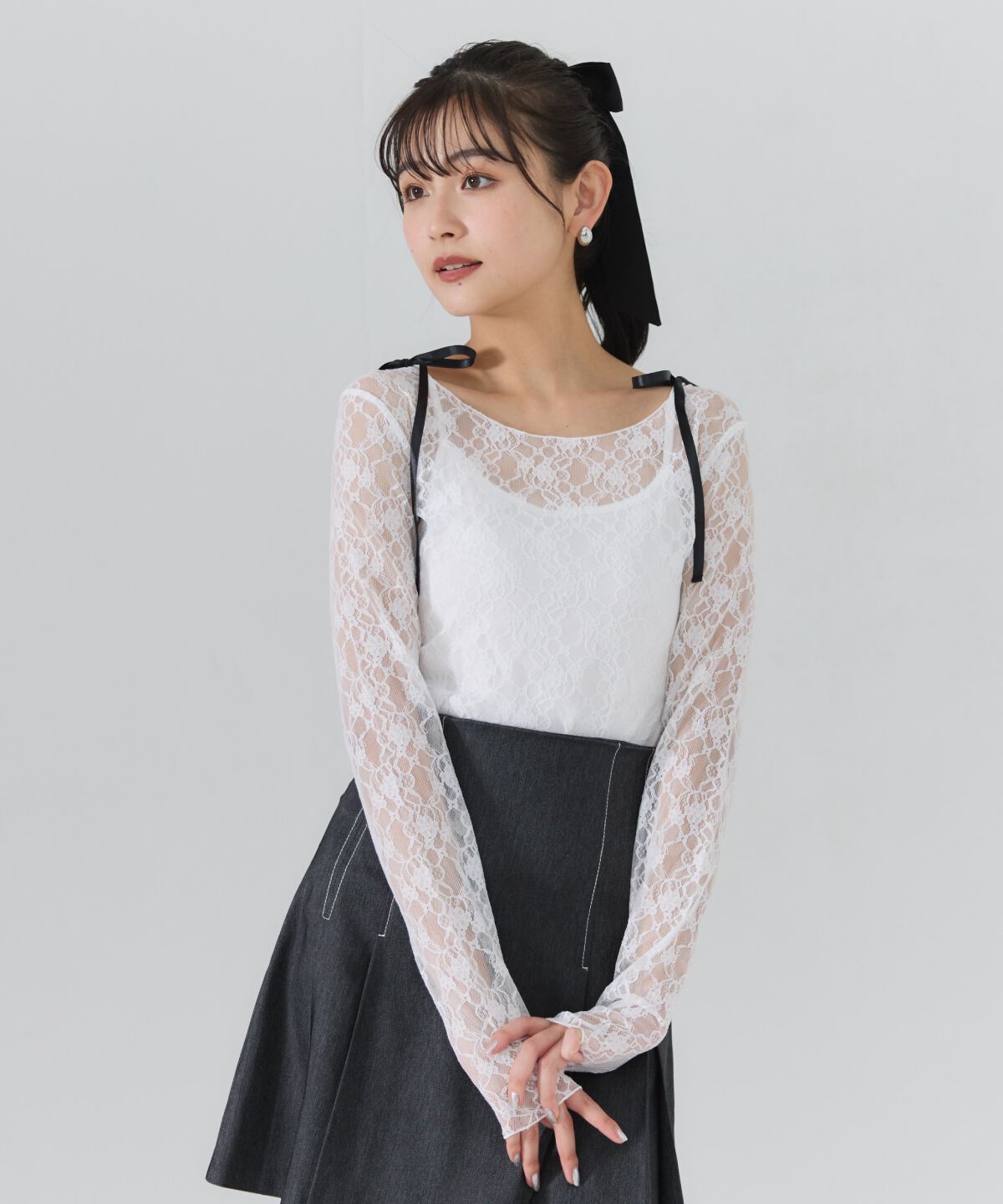 REDYAZEL「サテンリボンショルダーレーストップス」|Tシャツ・カットソー|