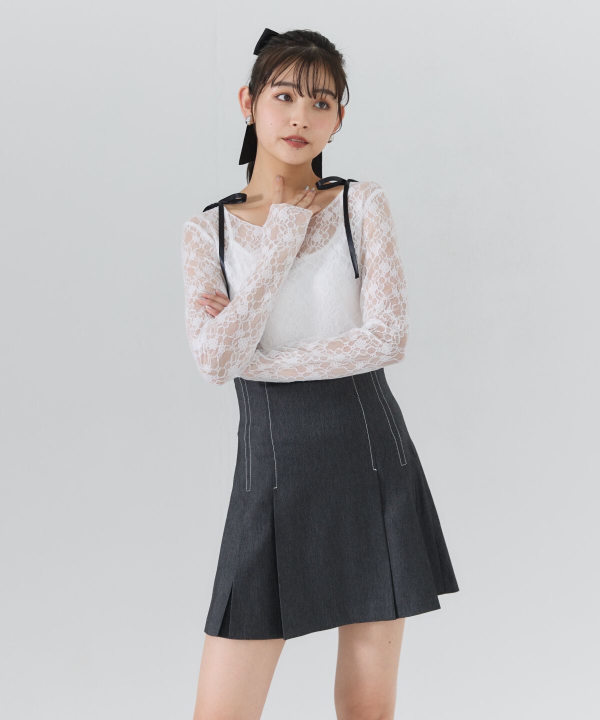 REDYAZEL「サテンリボンショルダーレーストップス」|Tシャツ・カットソー|