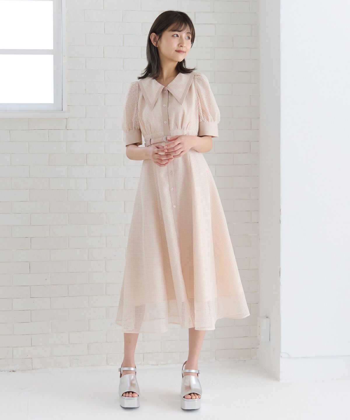 REDYAZEL「ビッグカラースクエアレースワンピース」|ワンピース|ベージュ