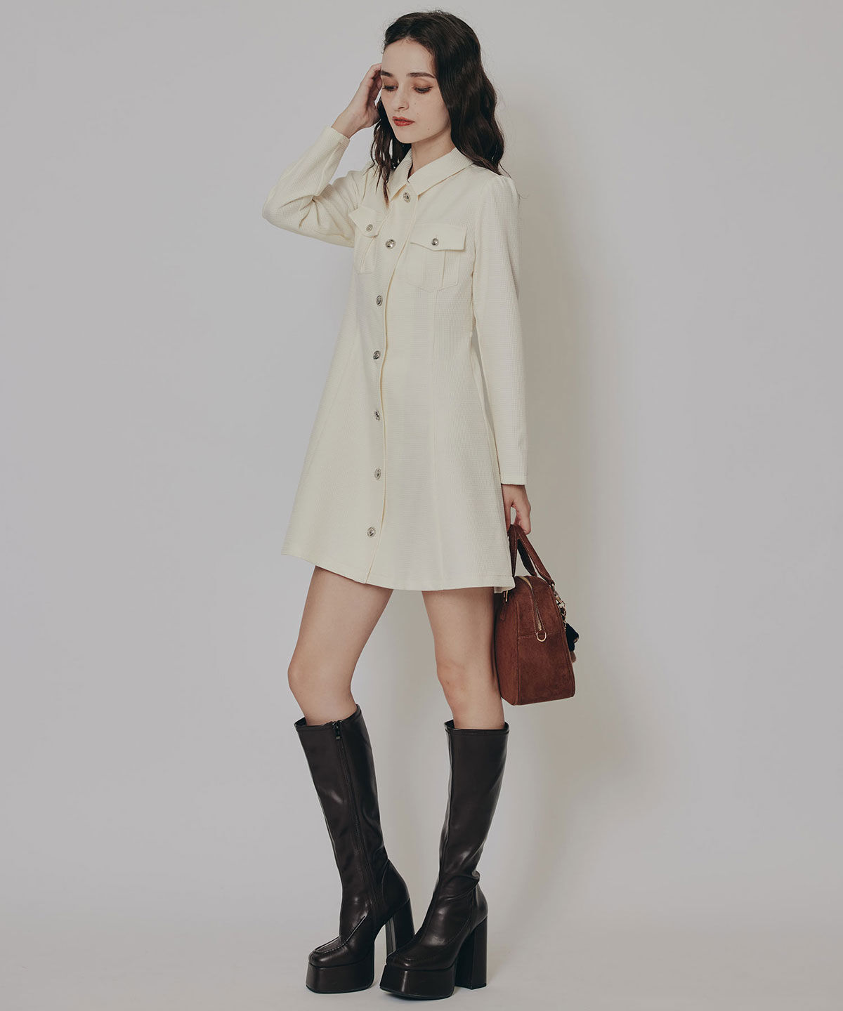 REDYAZEL「エンブレムボタンマイクロワッフルシャツワンピース」|ワンピース|