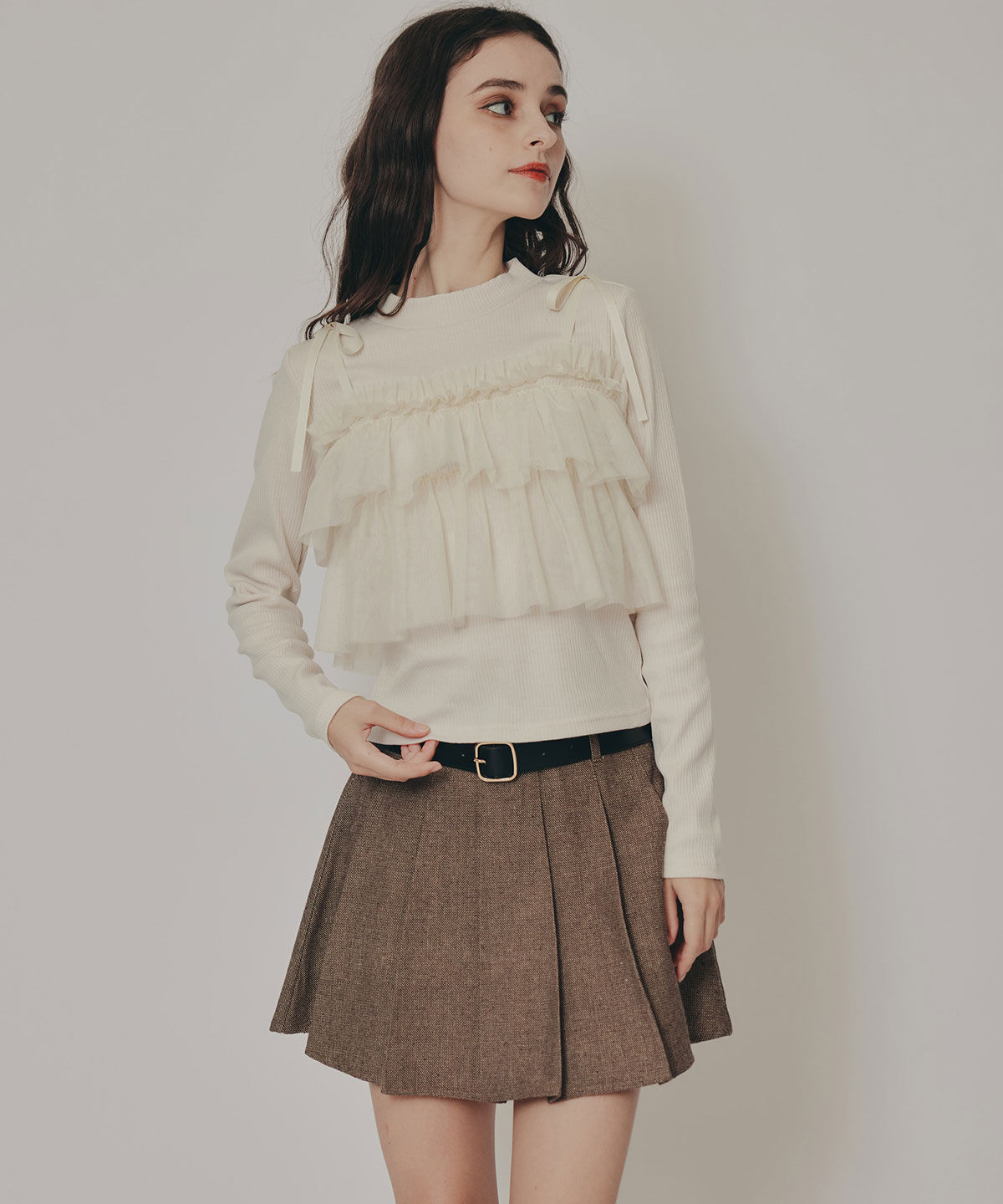 REDYAZEL「リボンチュールフリルビスチェニットトップス」|ニット・セーター|