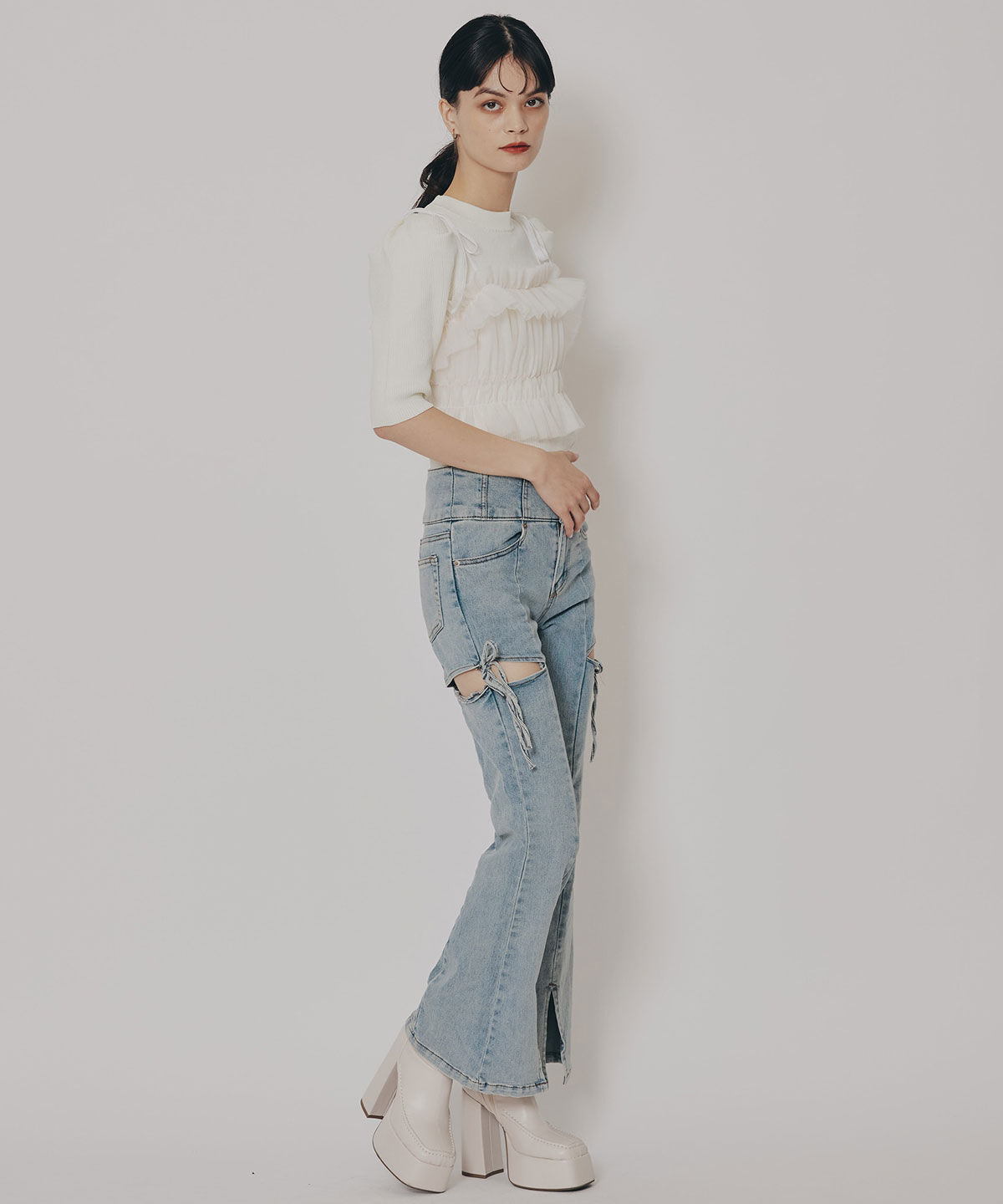 REDYAZEL「カットアウトリボンストレッチデニム」|デニム|