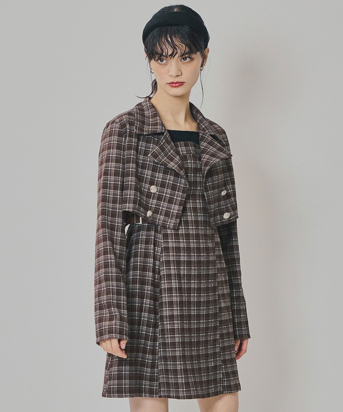 REDYAZEL「チェックショートジャケット&times;Wベルトワンピースセットアップ」|ワンピース|ブラウン