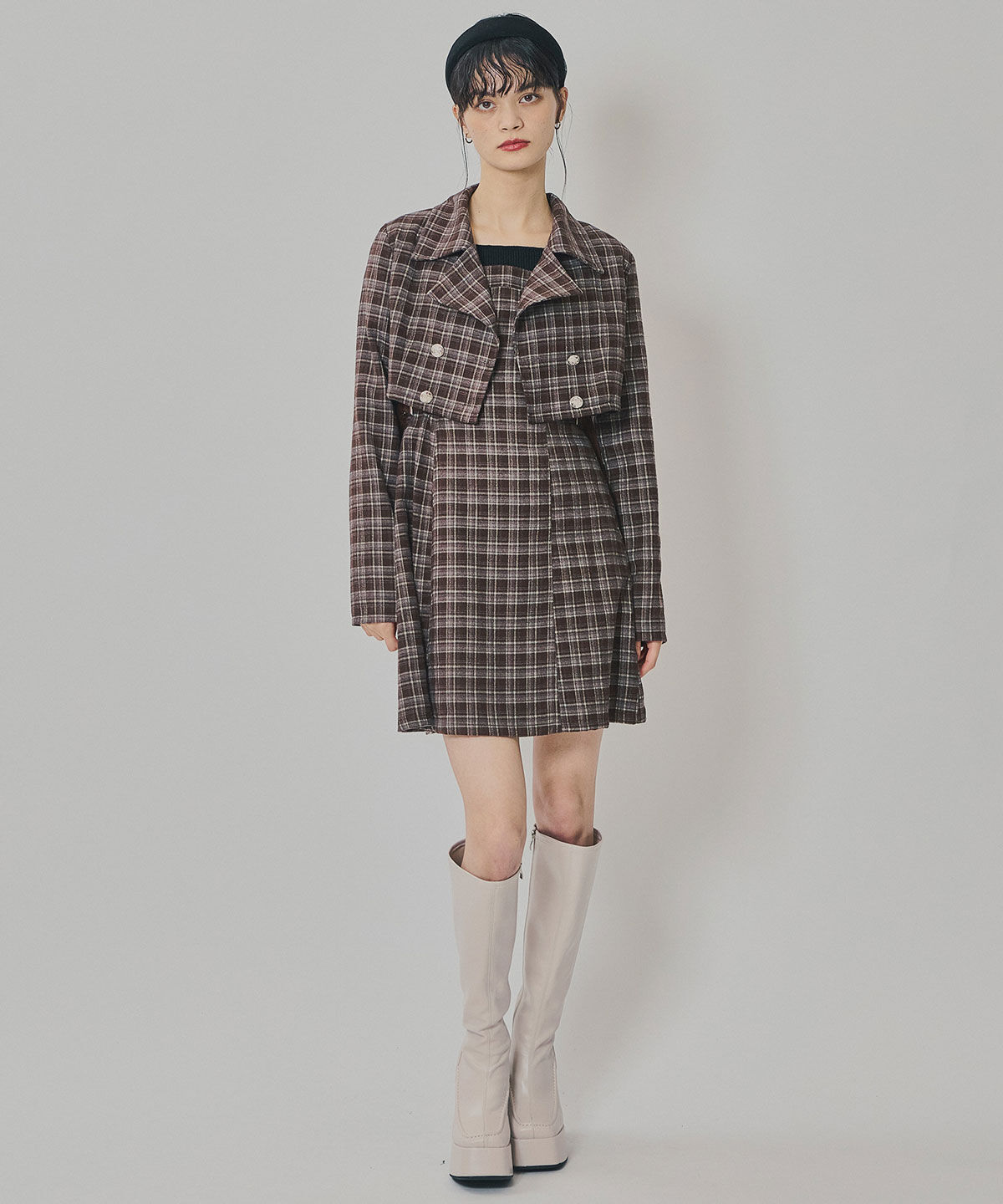 REDYAZEL「チェックショートジャケット&times;Wベルトワンピースセットアップ」|ワンピース|