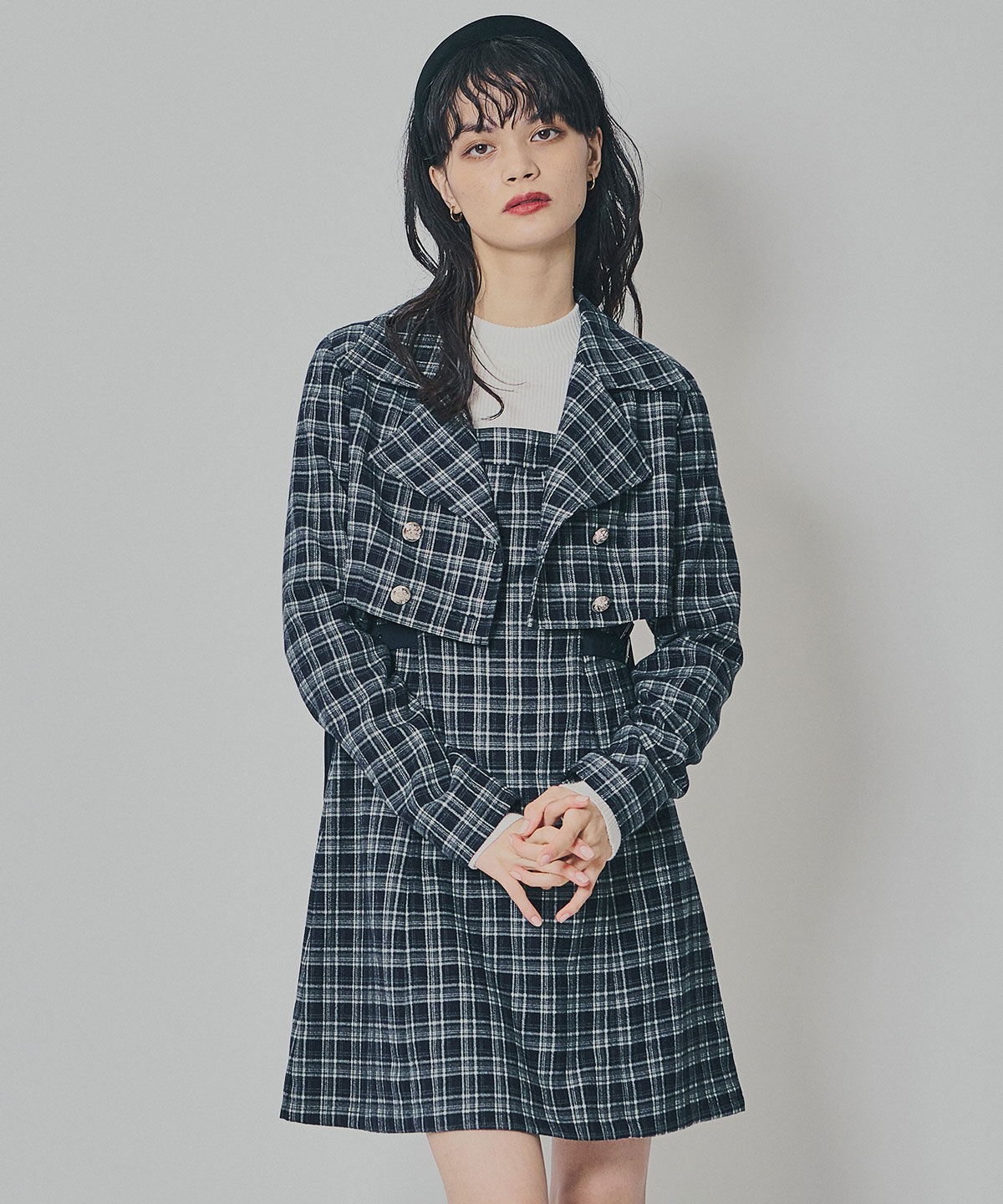 REDYAZEL「チェックショートジャケット&times;Wベルトワンピースセットアップ」|ワンピース|