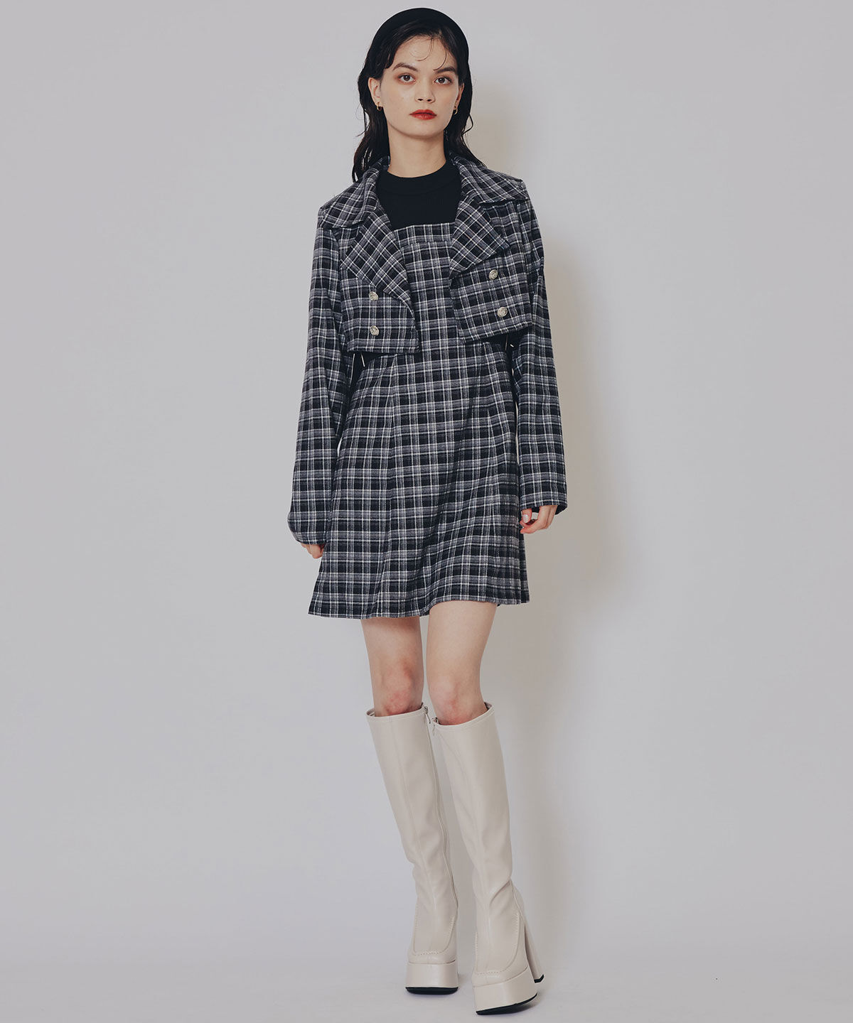 REDYAZEL「チェックショートジャケット&times;Wベルトワンピースセットアップ」|ワンピース|