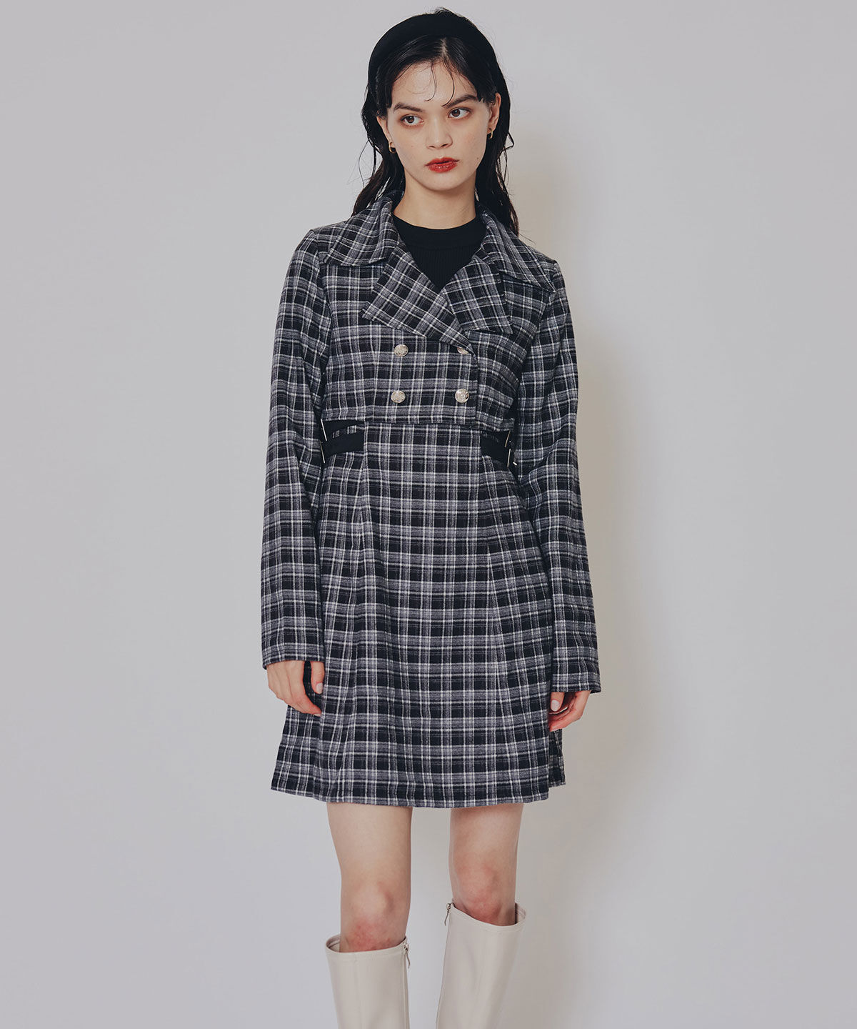 REDYAZEL「チェックショートジャケット&times;Wベルトワンピースセットアップ」|ワンピース|