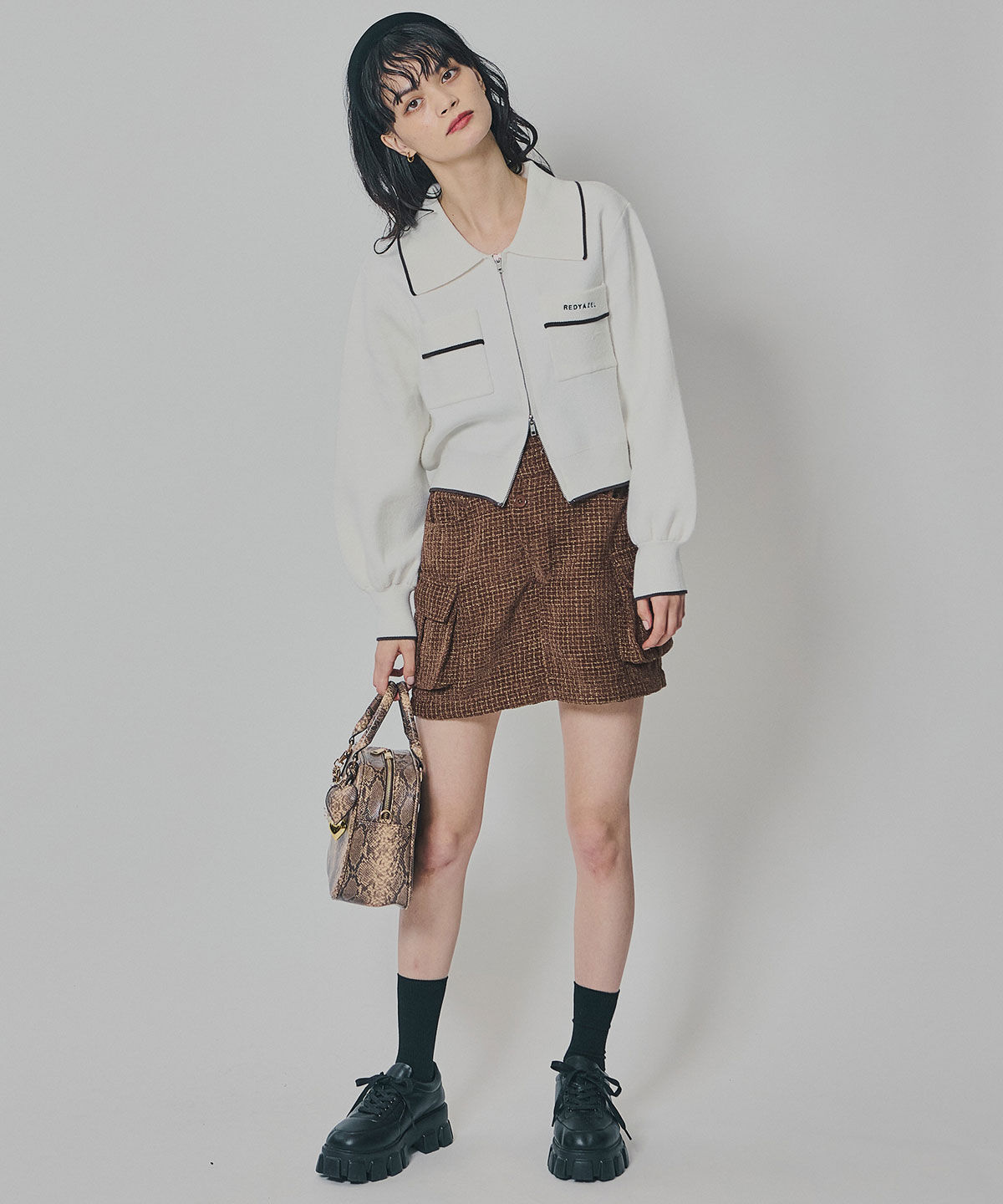 REDYAZEL「モールツイードカーゴミニスカート」|台形|