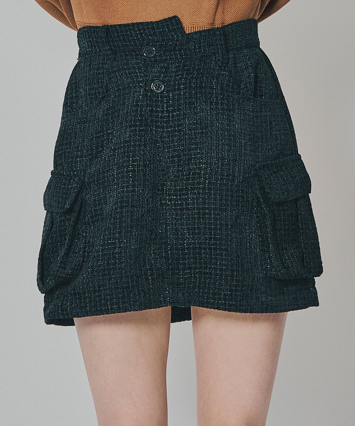 REDYAZEL「モールツイードカーゴミニスカート」|台形|ブラック
