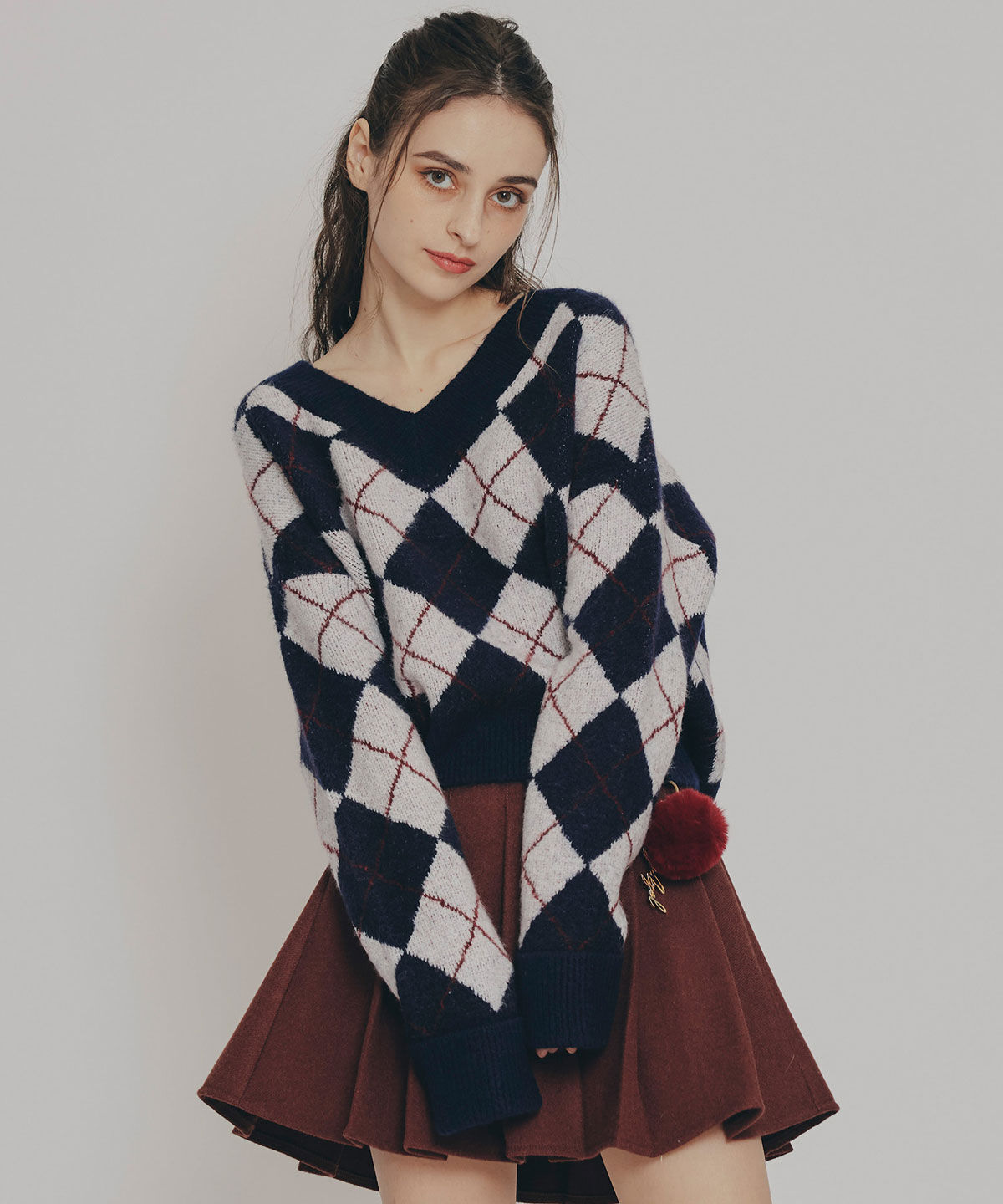 REDYAZEL「アーガイルVネックニットプルオーバー」|ニット・セーター|ネイビー