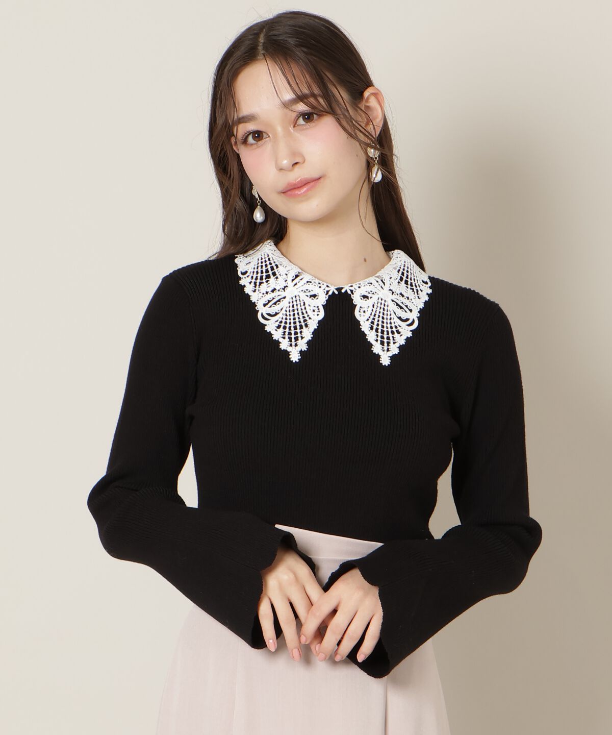 WILLSELECTION「リボンレースカラーフレアスリーブニット」|ニット・セーター|ブラック