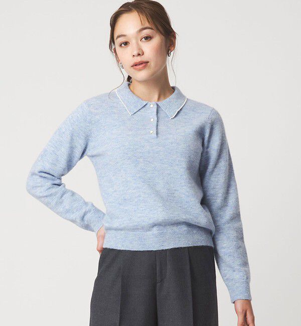 UNITED ARROWS green label relaxing「襟付き フェイクパール プルオーバー ニット ウォッシャブル」|ニット・セーター|LT.BLUE