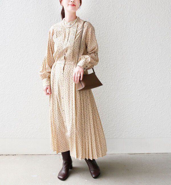 SHIPS for women「【WEB限定】〈手洗い可能〉ドット / 花柄 バンドカラー サイド プリーツ ワンピース」|ワンピース|