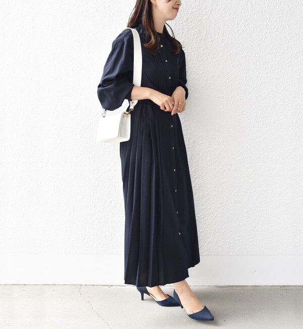 SHIPS for women「【WEB限定】〈手洗い可能〉ドット / 花柄 バンドカラー サイド プリーツ ワンピース」|ワンピース|