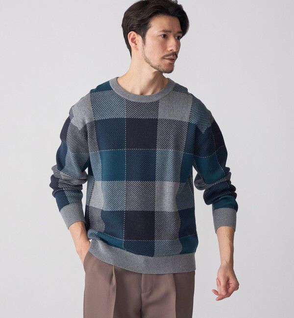 SHIPS「SHIPS:〈手洗い可能〉コットン カシミヤ チェック クルーネック ニット」|ニット・セーター|