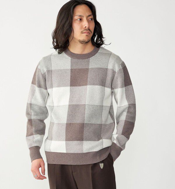 SHIPS「SHIPS:〈手洗い可能〉コットン カシミヤ チェック クルーネック ニット」|ニット・セーター|