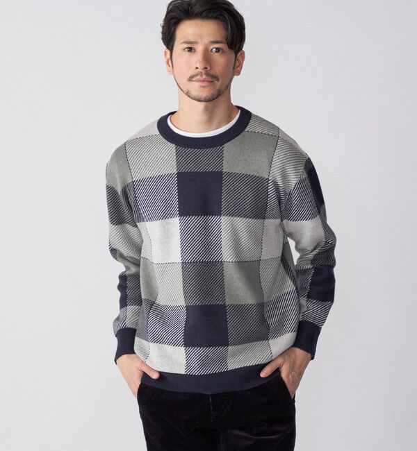 SHIPS「SHIPS:〈手洗い可能〉コットン カシミヤ チェック クルーネック ニット」|ニット・セーター|